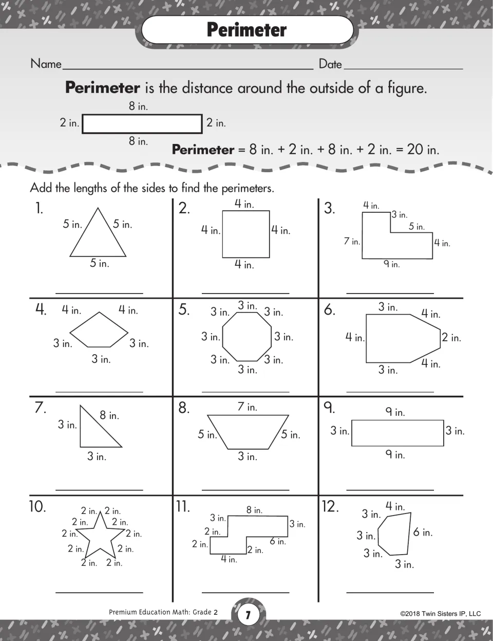 Perimeter: students add the side lengths in inches to find the perimeter of 12 figures, after a 20 in. worked example