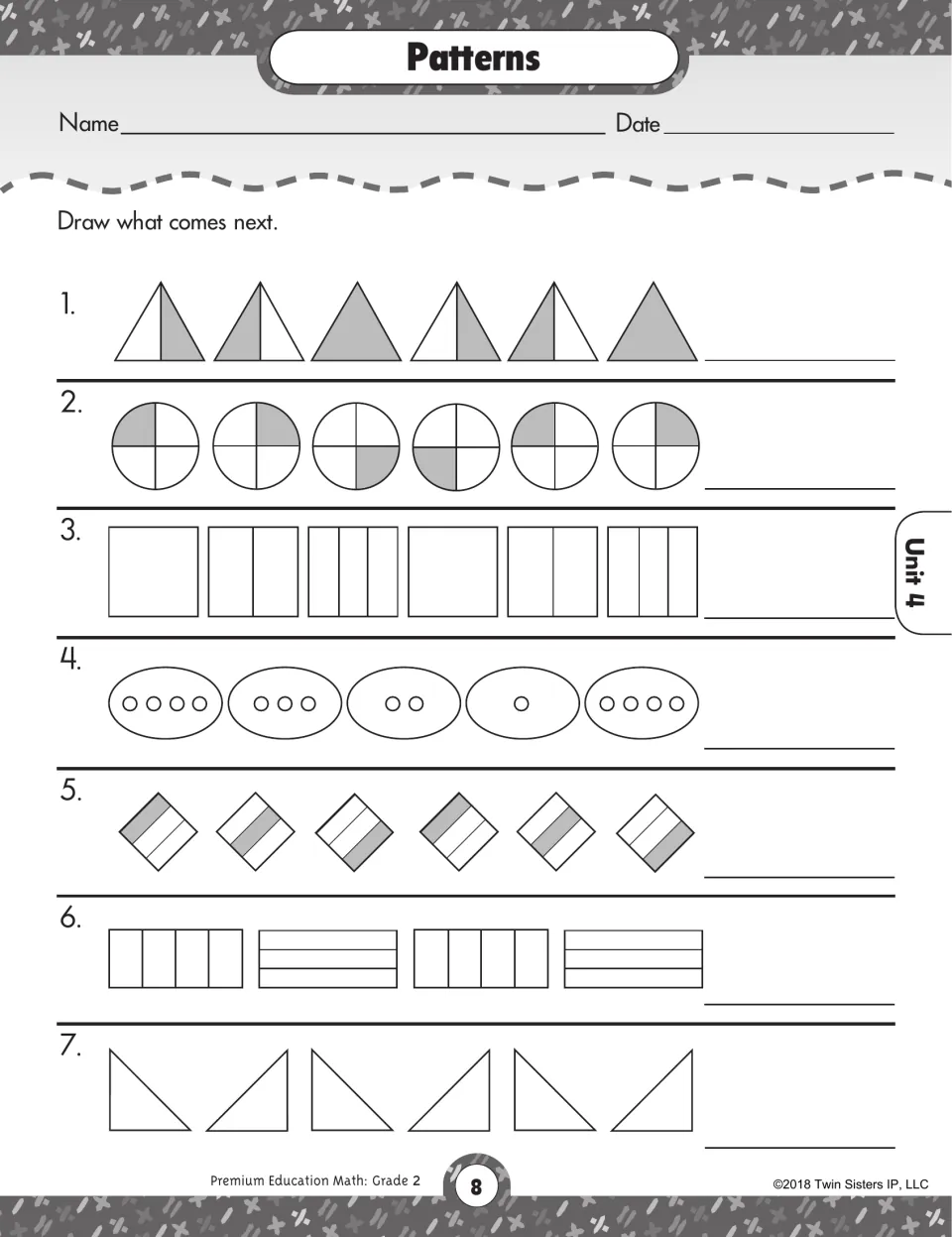 Patterns: students draw what comes next in 7 shape patterns of shaded triangles, quartered circles, dotted ovals and more