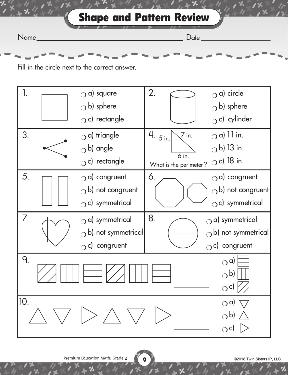 Shape and Pattern Review: 10 multiple-choice items on shape names, an angle, perimeter, congruence, symmetry and patterns
