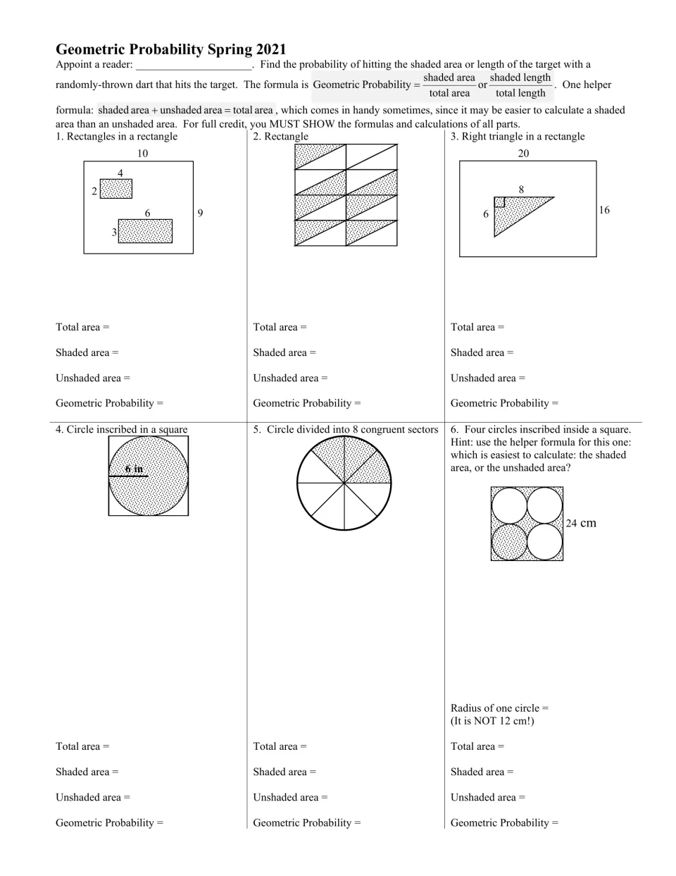 Geometric probability: students find shaded area over total area for rectangles, a triangle, circles and 8 sectors