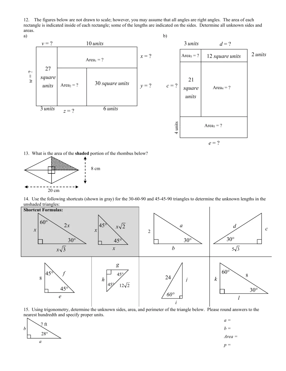 Mixed review: students find missing rectangle sides and areas, a rhombus area and special right triangle side lengths