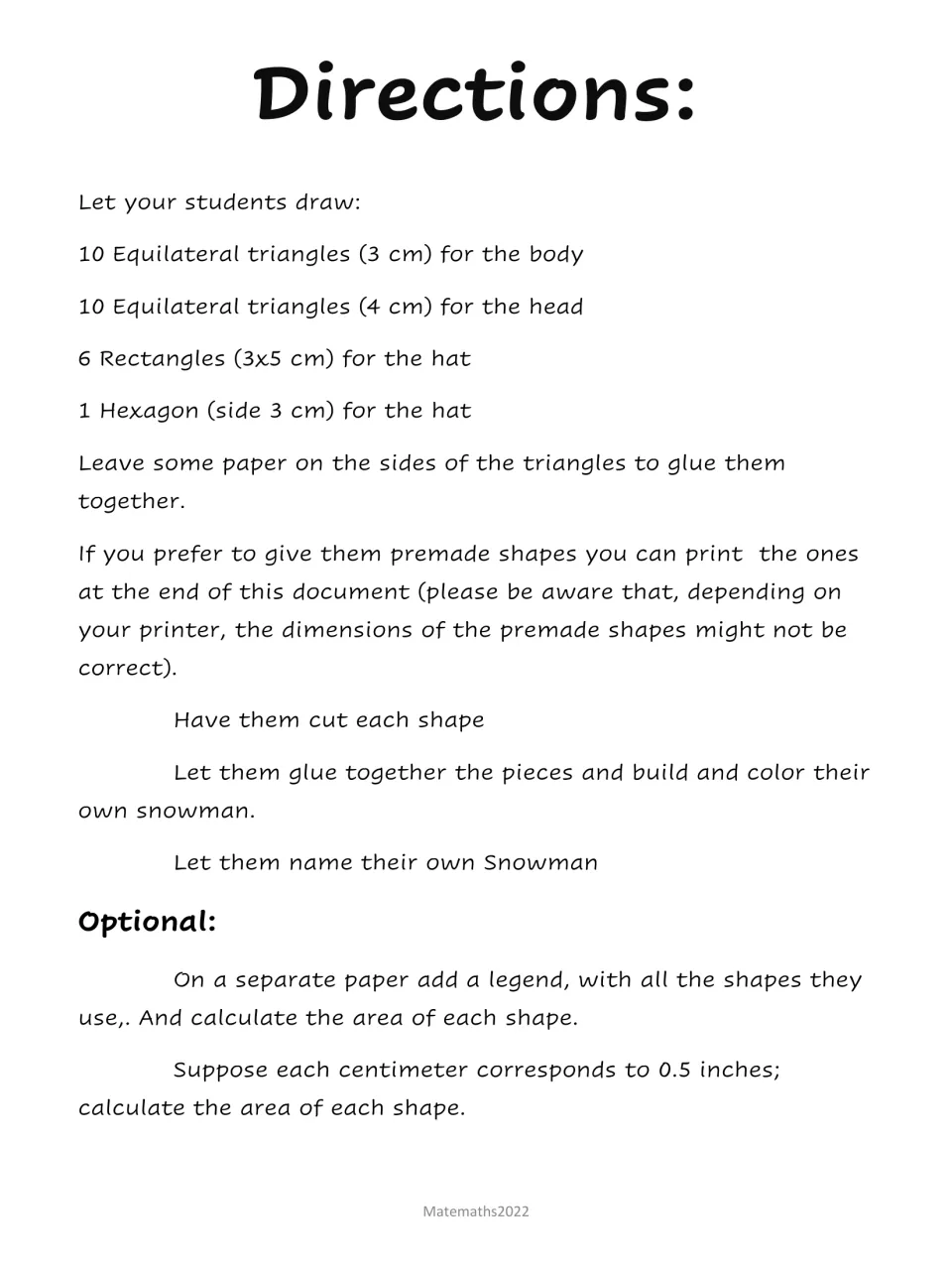 Snowman building directions list triangles, rectangles, and a hexagon, plus optional area calculations.