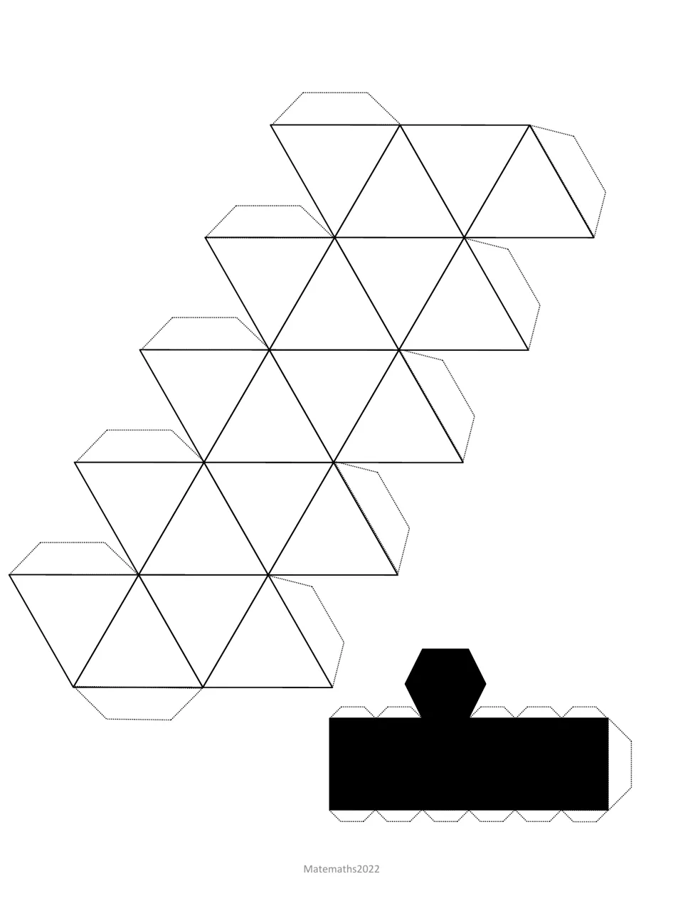 Snowman cutout templates include a connected triangle net and a black hat net with a hexagon and glue tabs.
