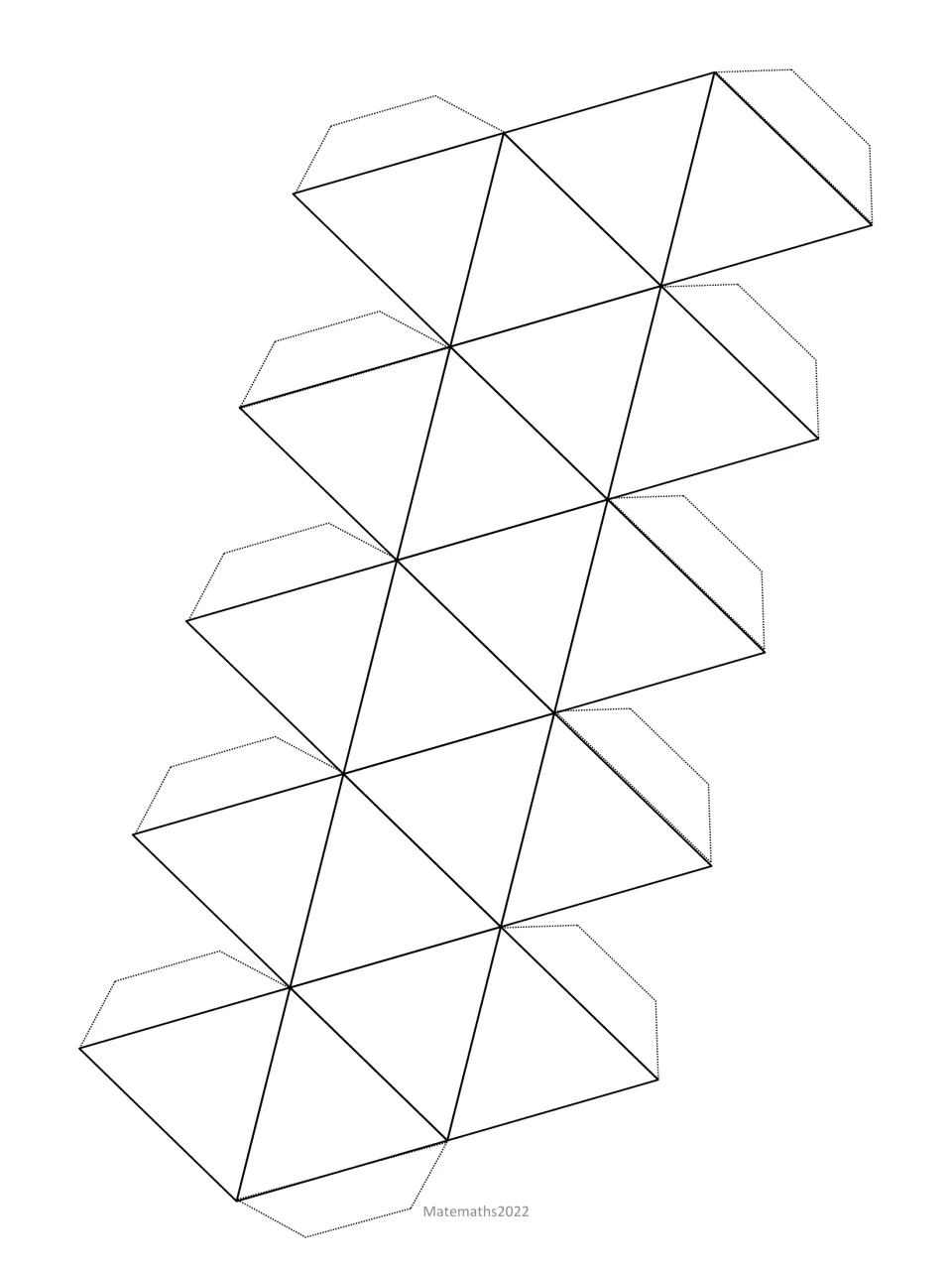Second snowman cutout template provides a larger connected triangle net with tabs for gluing the solid.