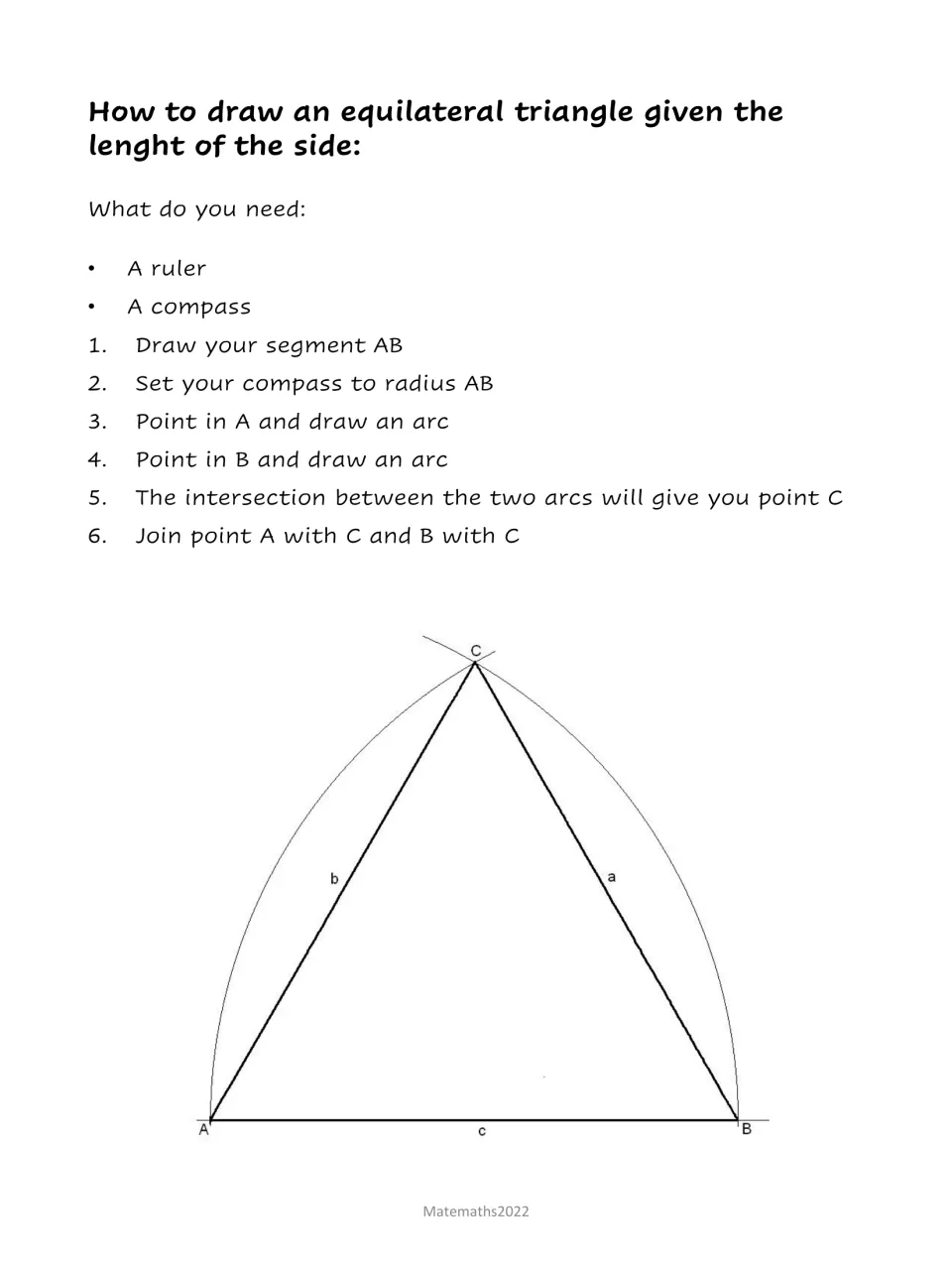 Snowman project guide gives six steps to construct an equilateral triangle using a ruler and compass.