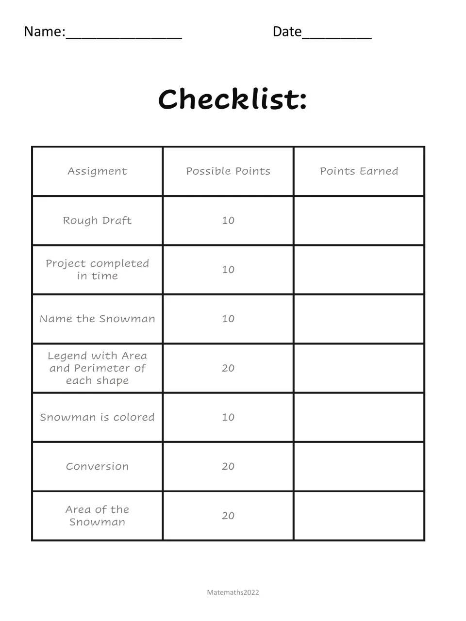 Snowman project scoring checklist assigns 100 points across seven tasks, including area and conversion.