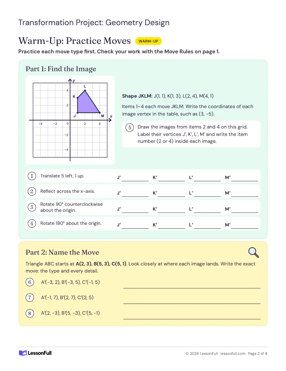 Warm-up items 1–8: transform shape JKLM, draw two images, and identify moves from triangle ABC's coordinates