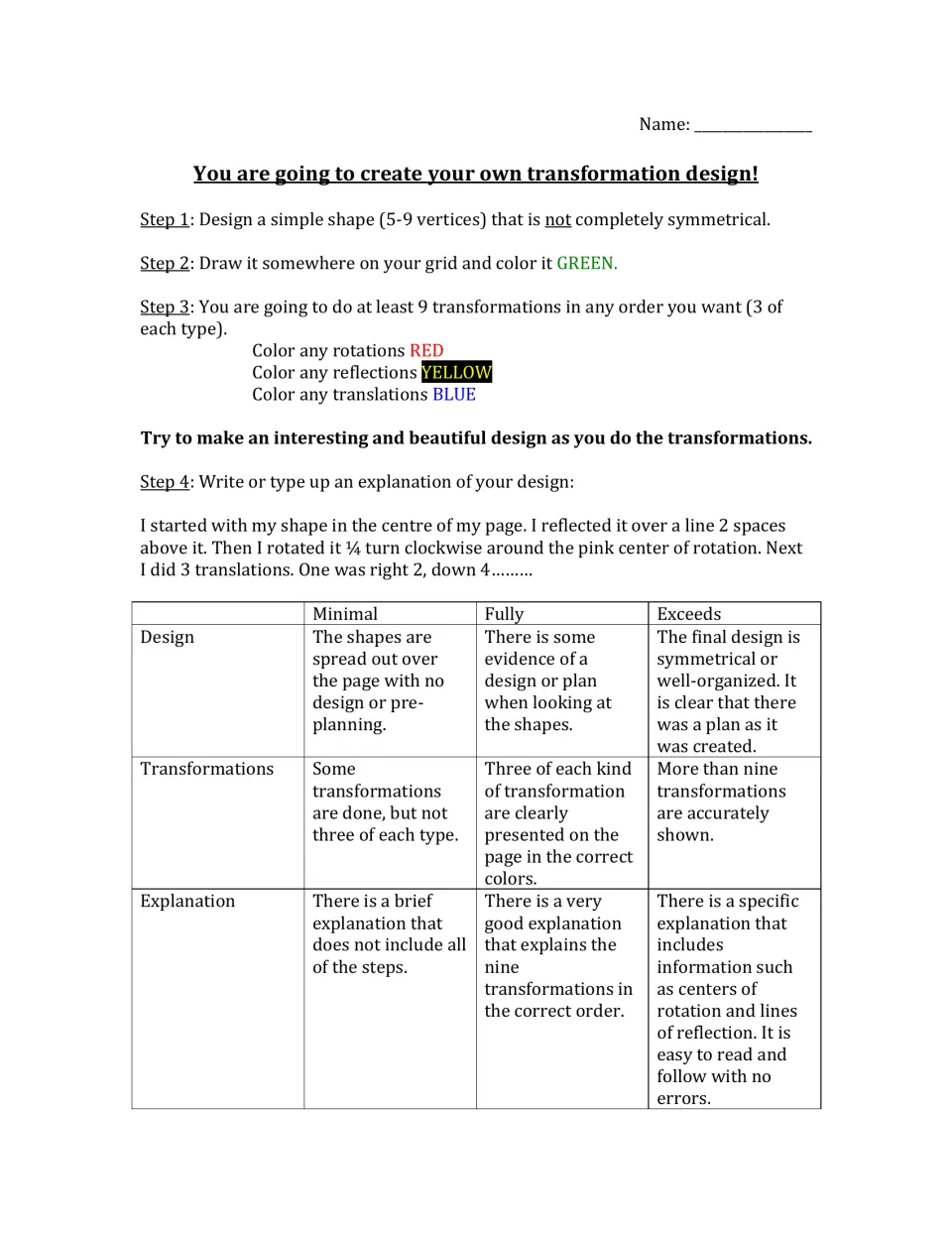 Student directions for a transformation design: 9 color-coded rotations, reflections and translations, plus a 3-level rubric