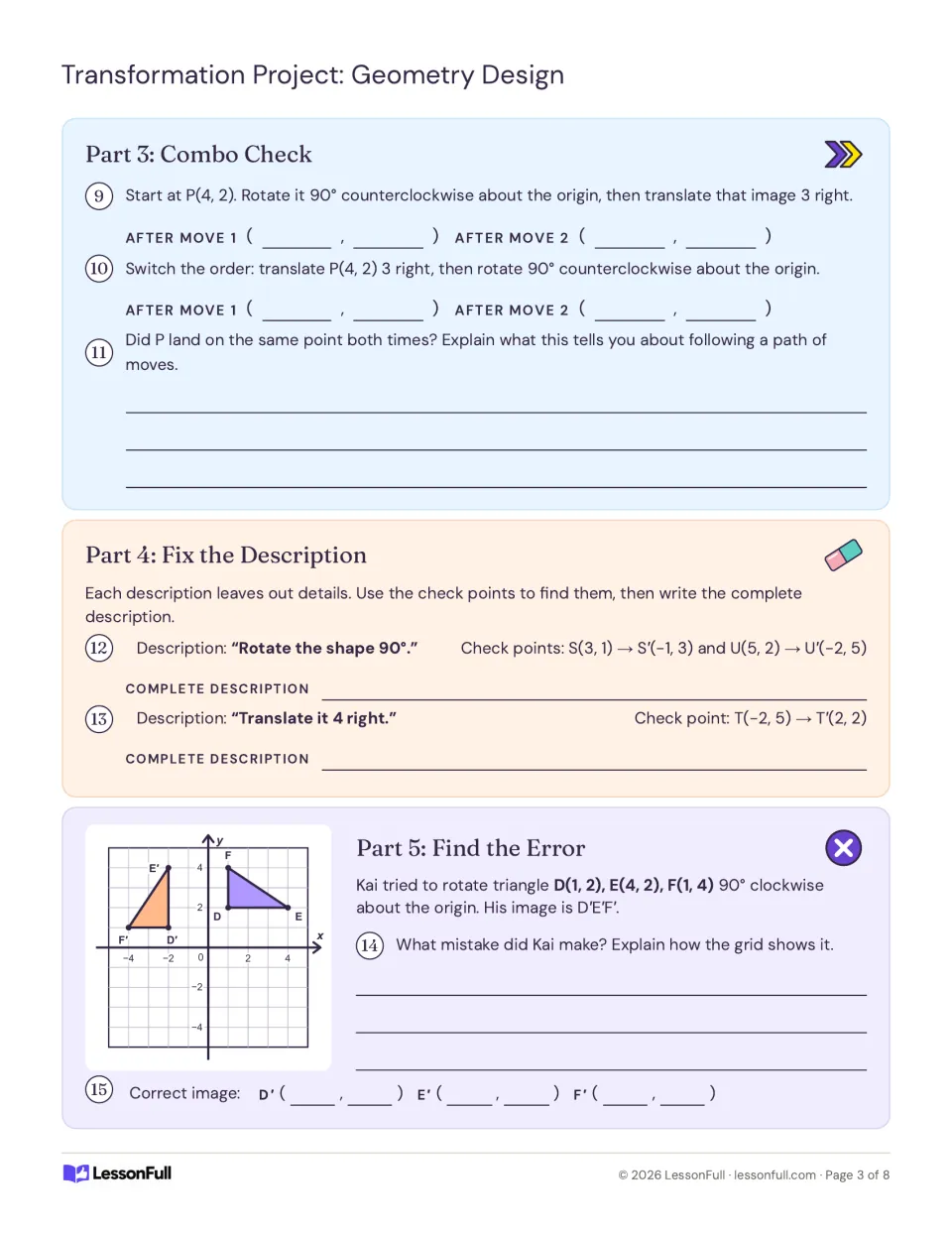 Practice items 9–15: compare move order, complete transformation descriptions, and correct Kai's rotation