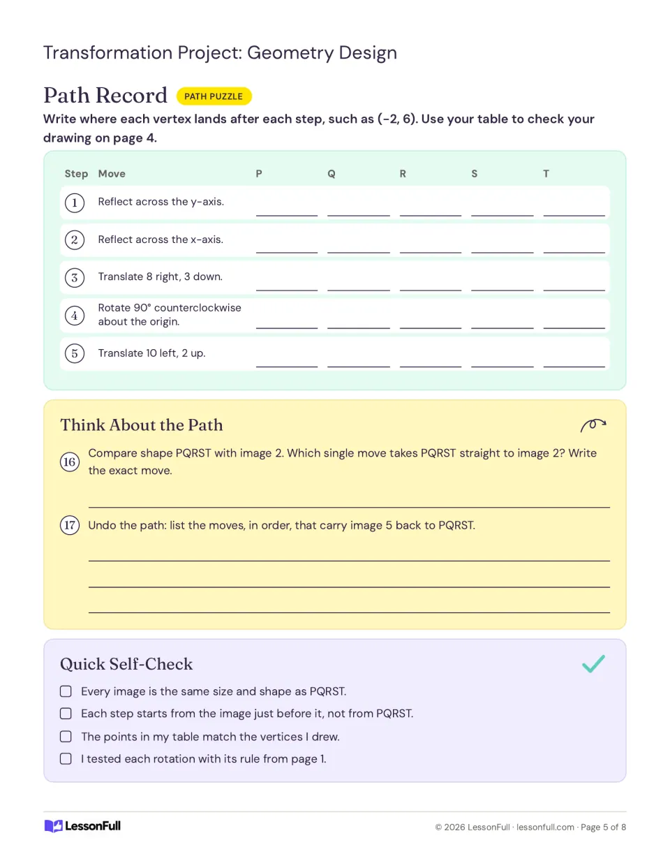 Path record: track five vertices through five moves, identify a shortcut, undo the path, and check work