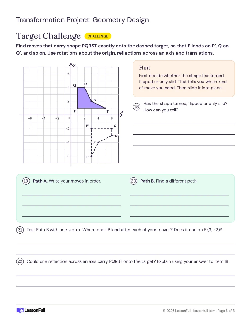 Target challenge items 18–22: find two paths from PQRST to a dashed target and test Path B using vertex P