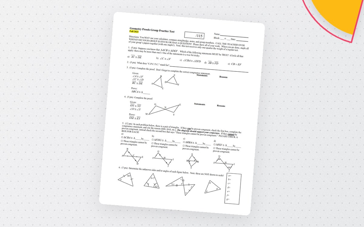 Geometry Proofs Worksheet and Practice Test with Answers preview