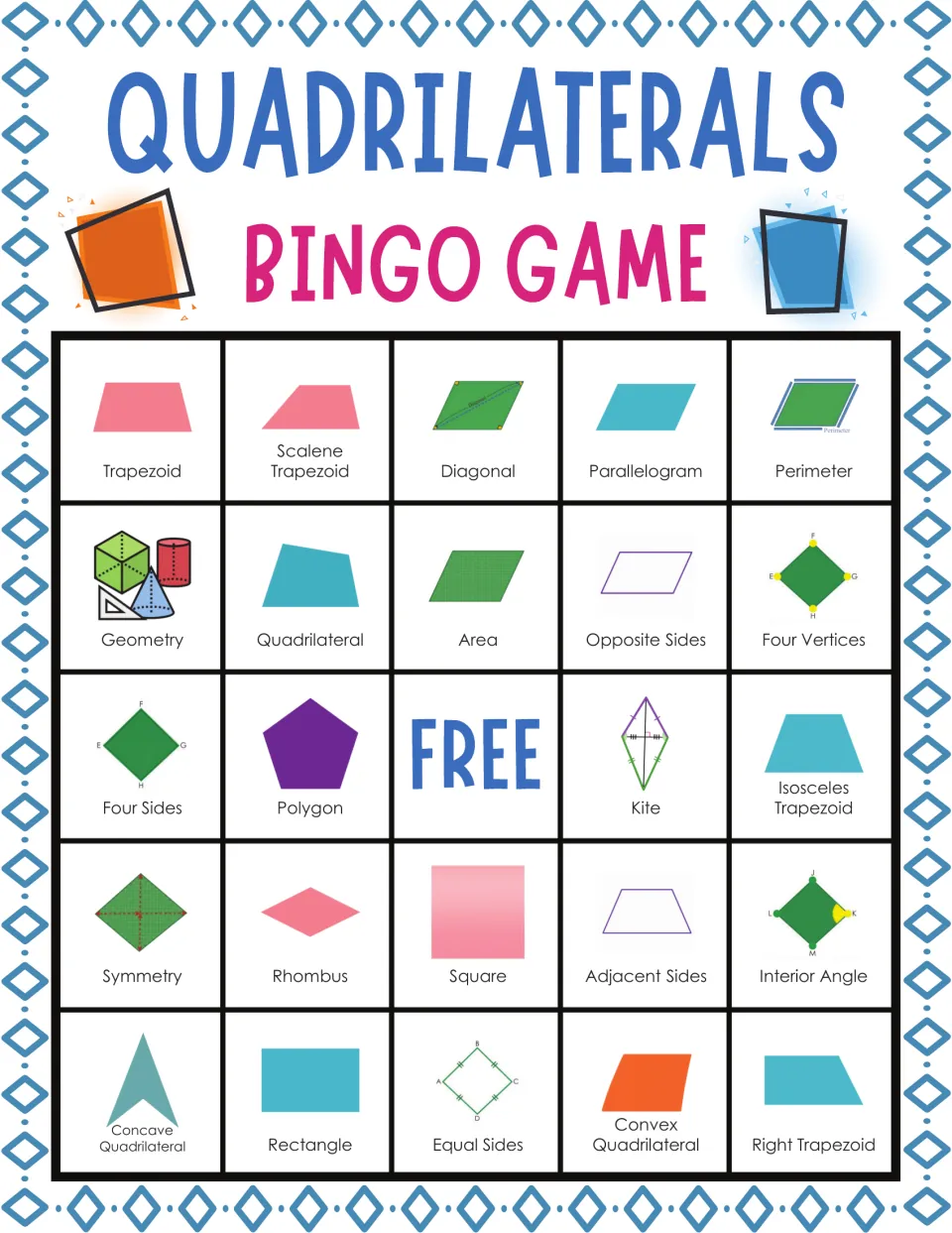 Quadrilaterals bingo card: students mark shape terms; top row trapezoid, scalene trapezoid, diagonal, parallelogram