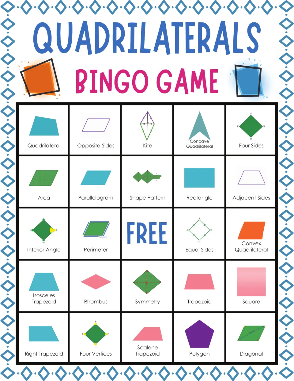 Shape vocabulary bingo card: students match called terms; top row quadrilateral, opposite sides, kite
