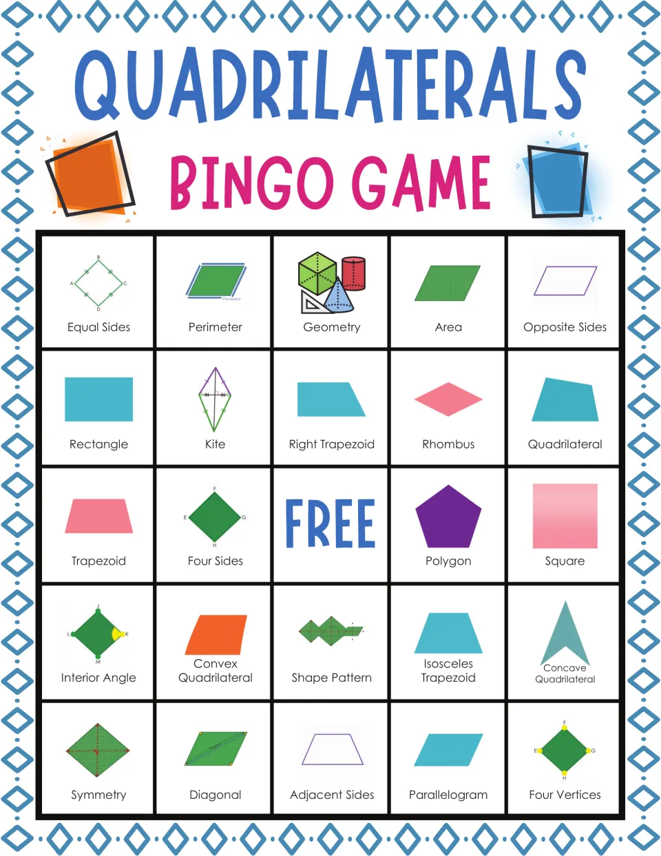 Bingo card of quadrilateral terms with pictures; students cover spaces, starting equal sides, perimeter, geometry, area