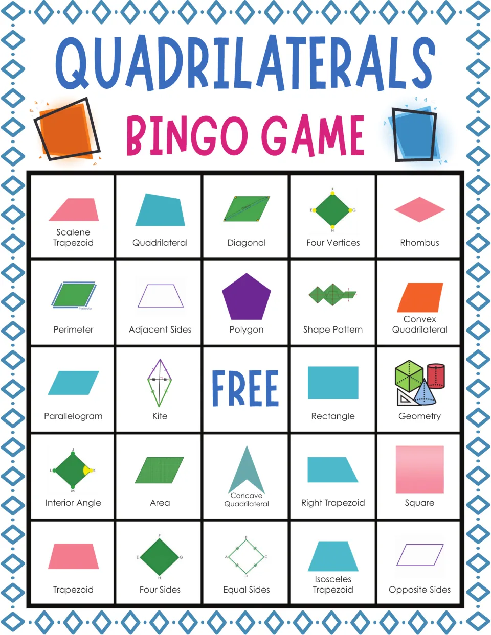 Geometry terms bingo card: students identify pictured shapes; top row scalene trapezoid, quadrilateral, diagonal