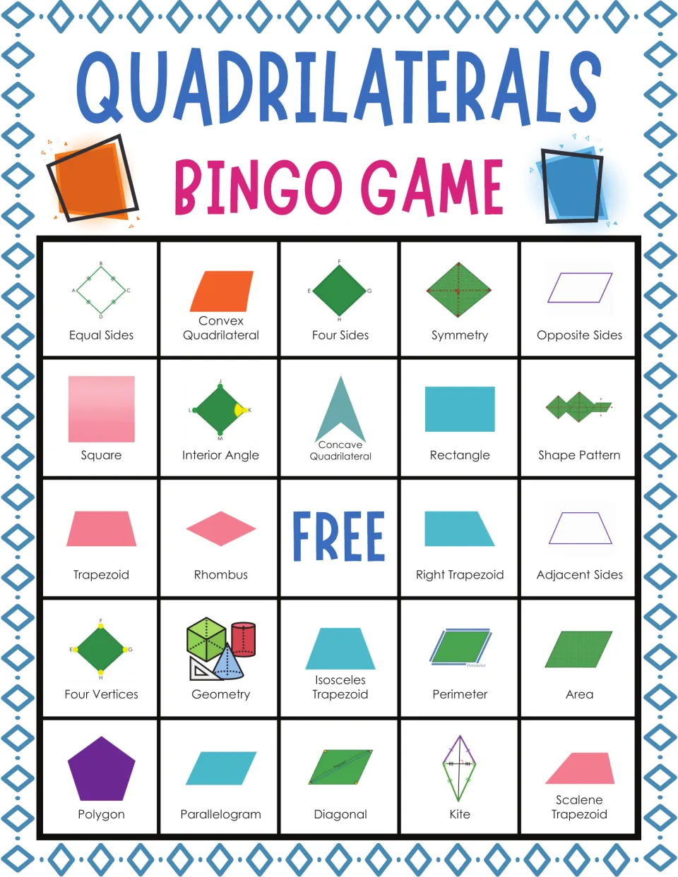 Shape bingo card with pictured terms; students listen and mark equal sides, convex quadrilateral, symmetry and more
