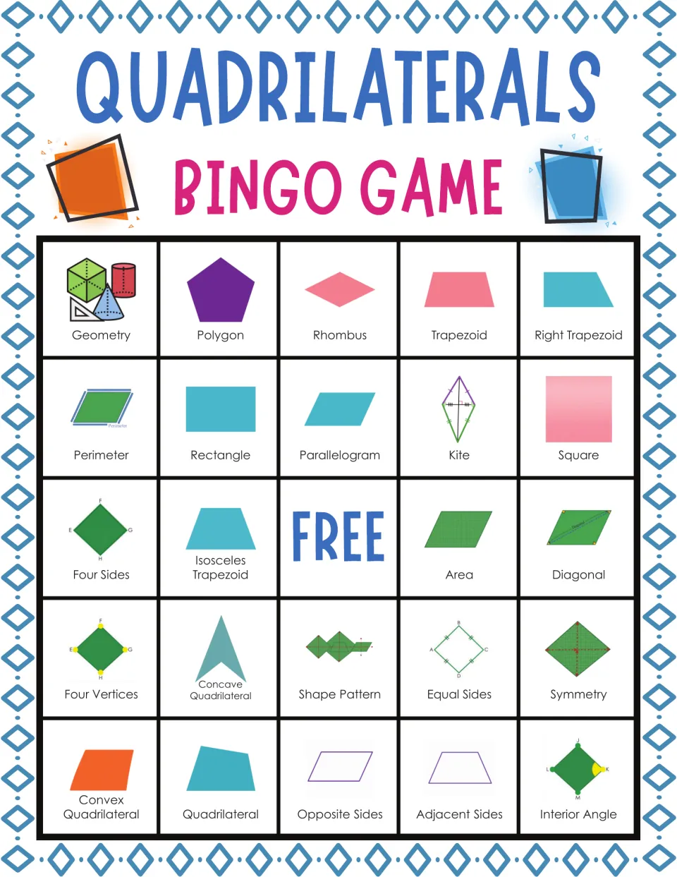 Bingo card naming quadrilaterals and parts; students mark spaces such as geometry, polygon, rhombus, right trapezoid