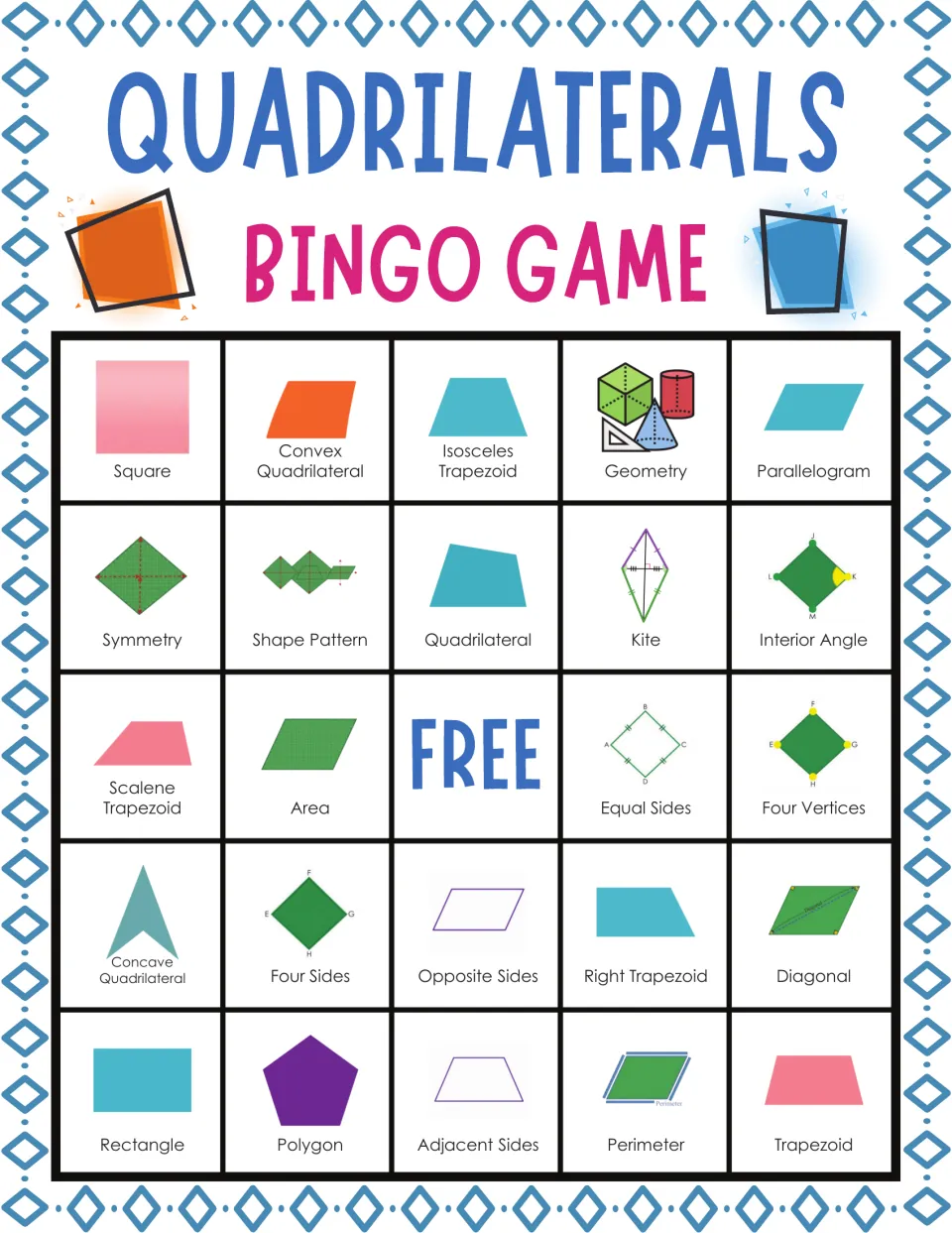 Shape terms bingo card: students recognize pictured figures; top row square, convex quadrilateral, isosceles trapezoid