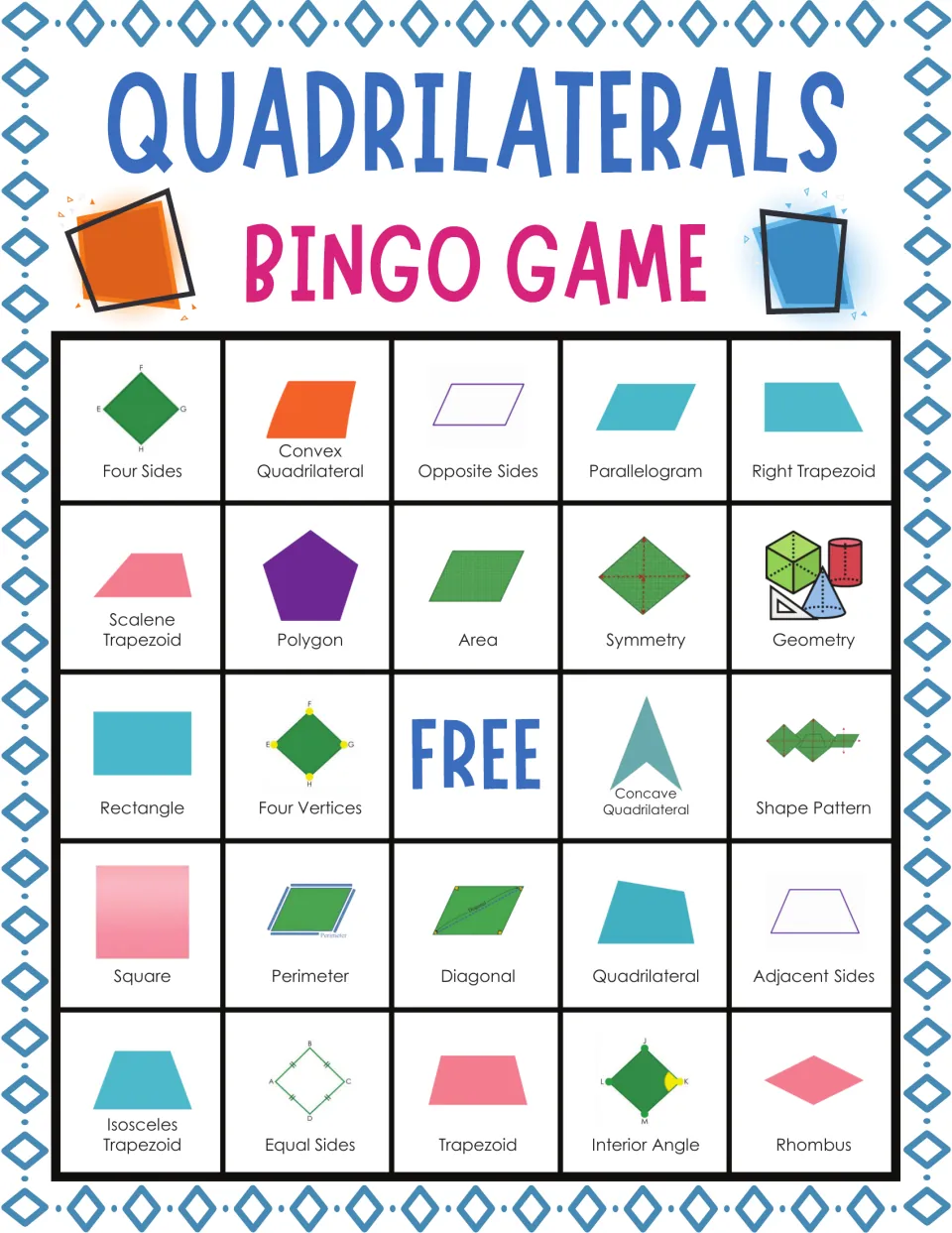 Quadrilateral bingo card with picture clues; students mark four sides, convex quadrilateral, opposite sides and others