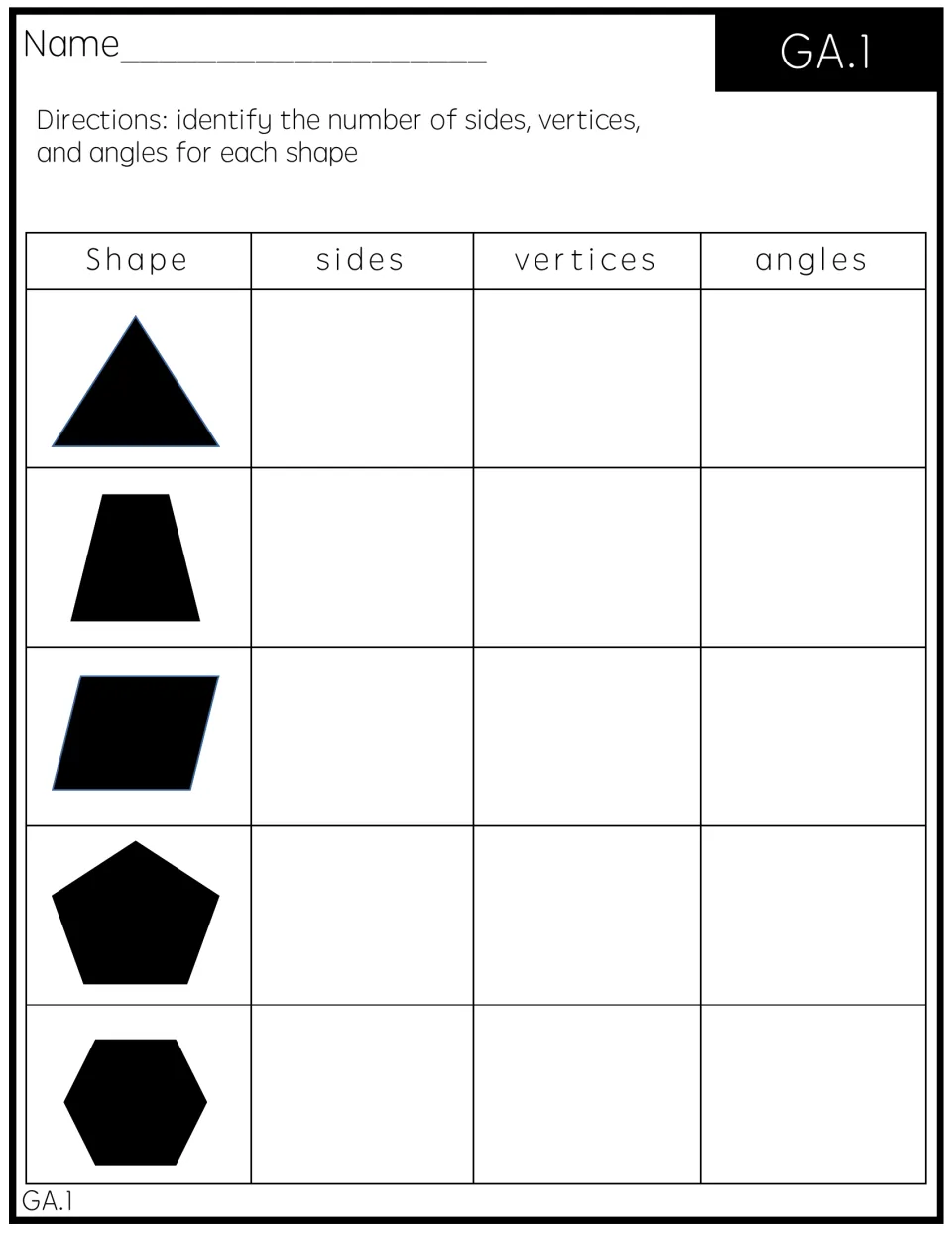 2D shape attributes: students count sides, vertices and angles of a triangle, trapezoid, parallelogram, pentagon, hexagon