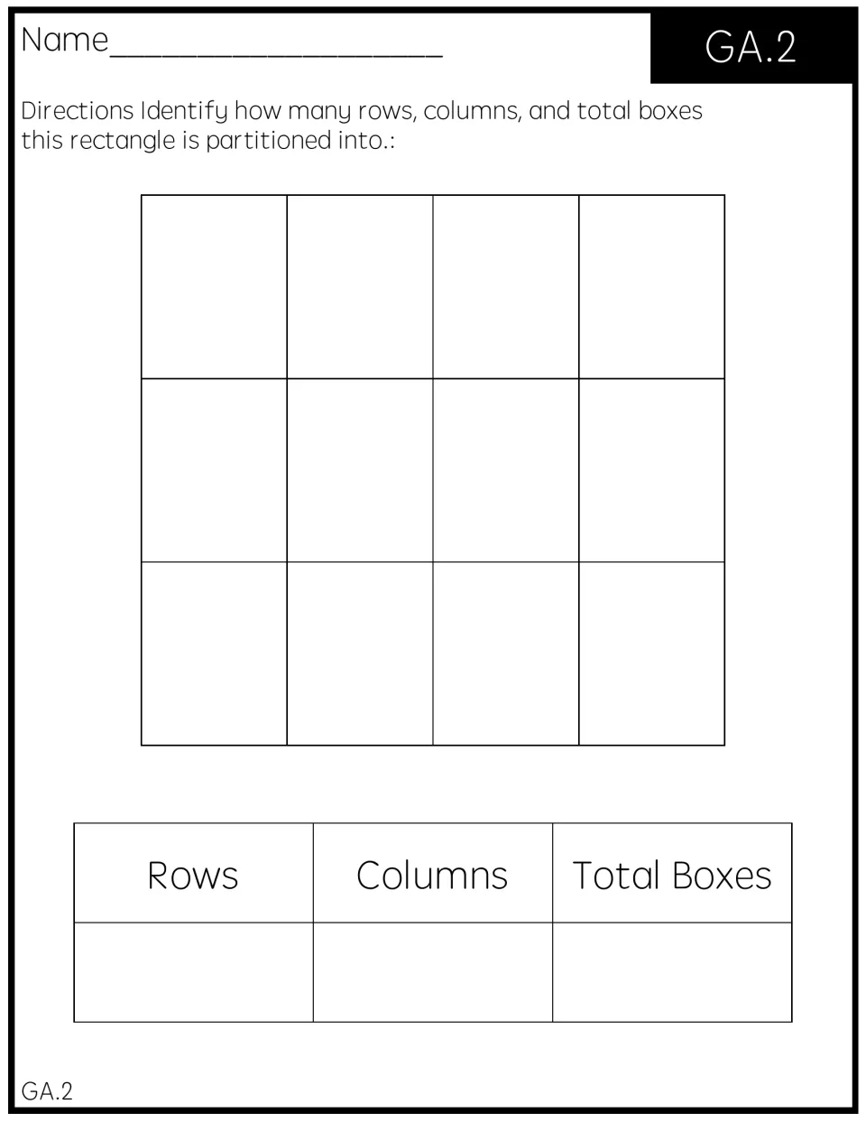 GA.2 partitioning rectangles: students count the rows, columns and total boxes in a rectangle split into 3 rows of 4