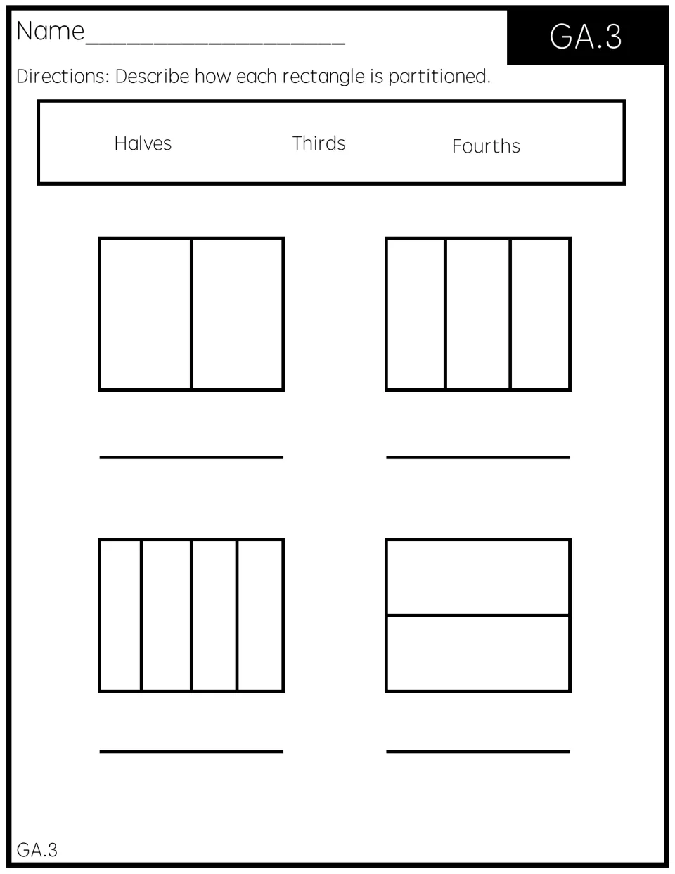 GA.3 equal shares: students label rectangles split into halves, thirds and fourths using the word bank on each line
