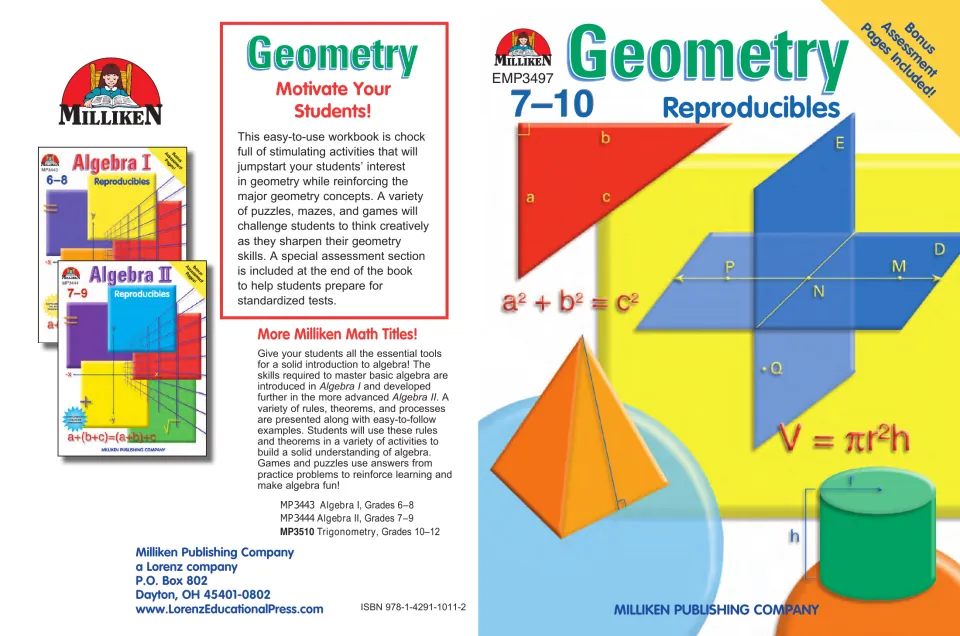 Geometry Reproducibles front and back covers: shapes and formulas, a blurb on puzzles, mazes, games and bonus assessments