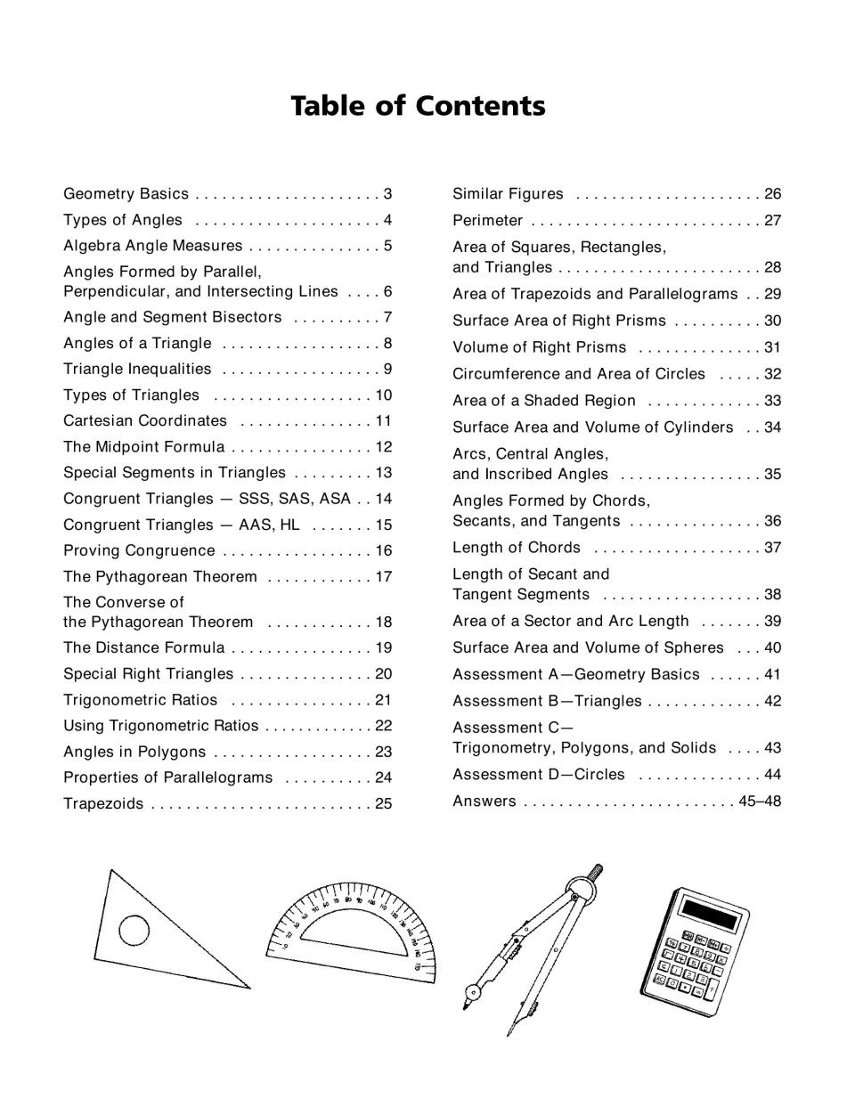 Table of contents listing topics from geometry basics and angles to circles, solids, four assessments and answers on 45–48