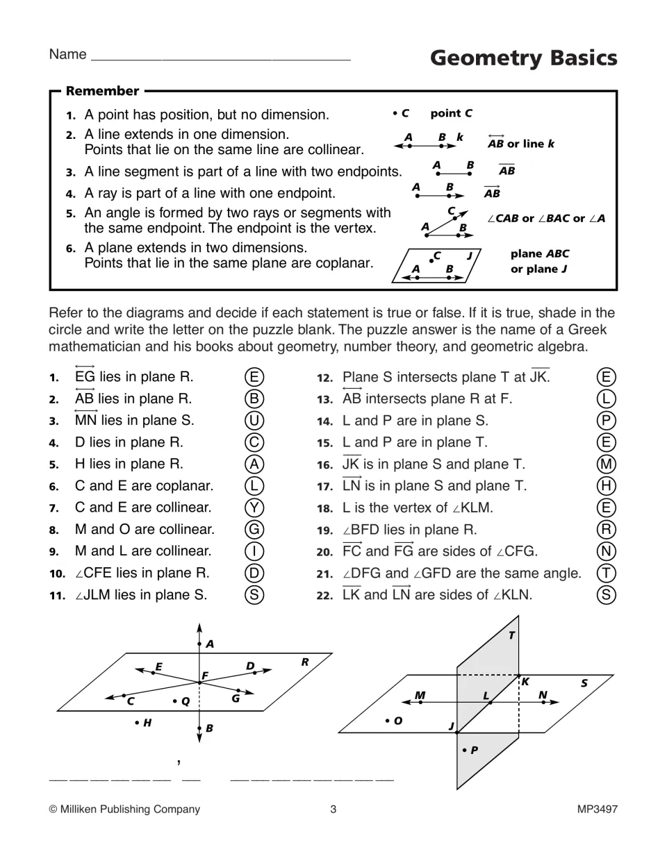 Geometry basics: students judge 22 true-false statements on points, lines and planes to spell a Greek mathematician's name