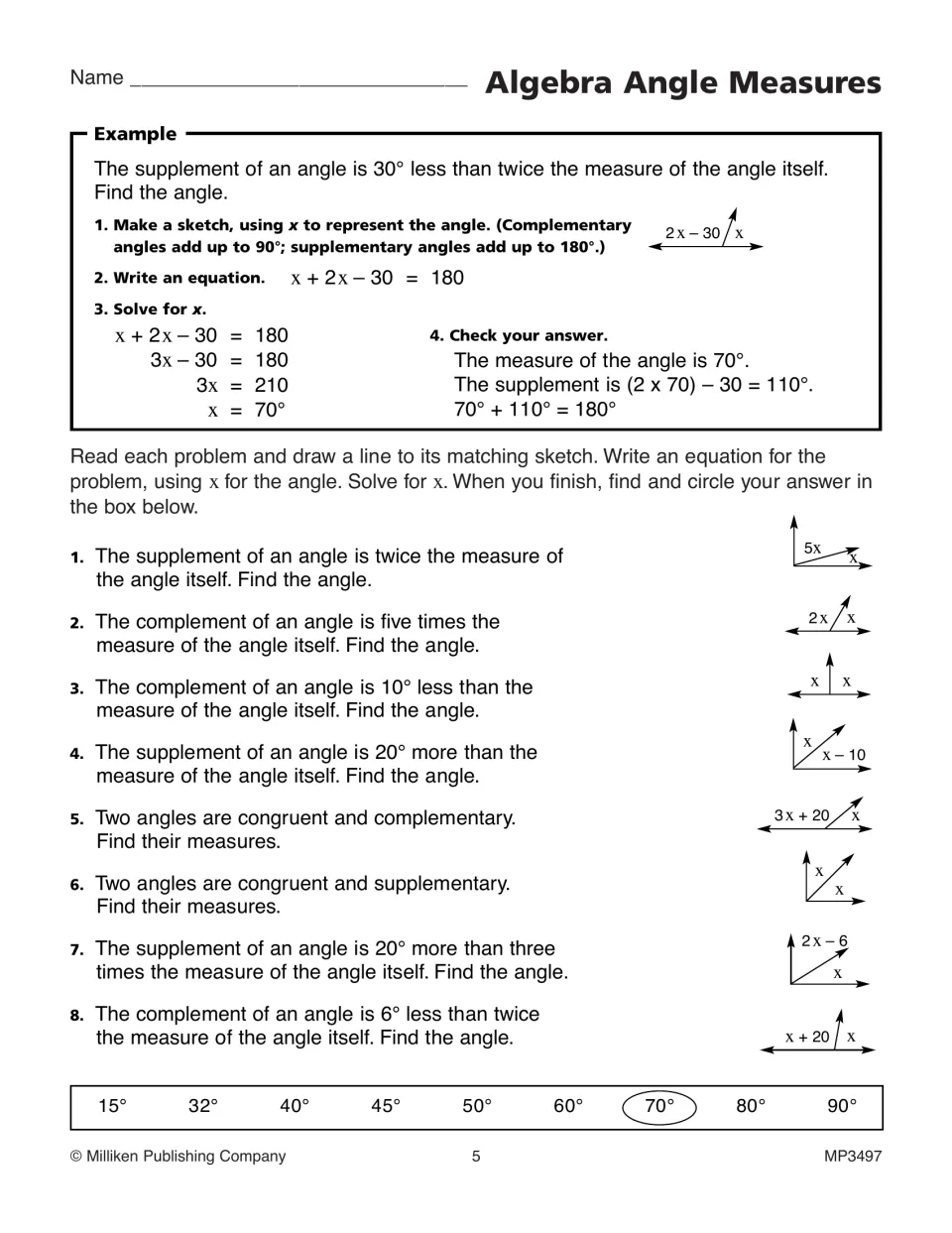 Algebra angle measures: students match 8 word problems to sketches, write equations and solve for each unknown angle
