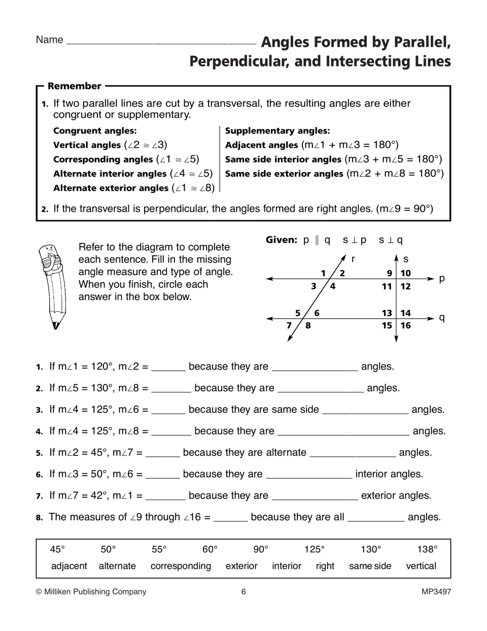 Parallel lines cut by a transversal: students find angle measures and name pairs as vertical, corresponding or alternate