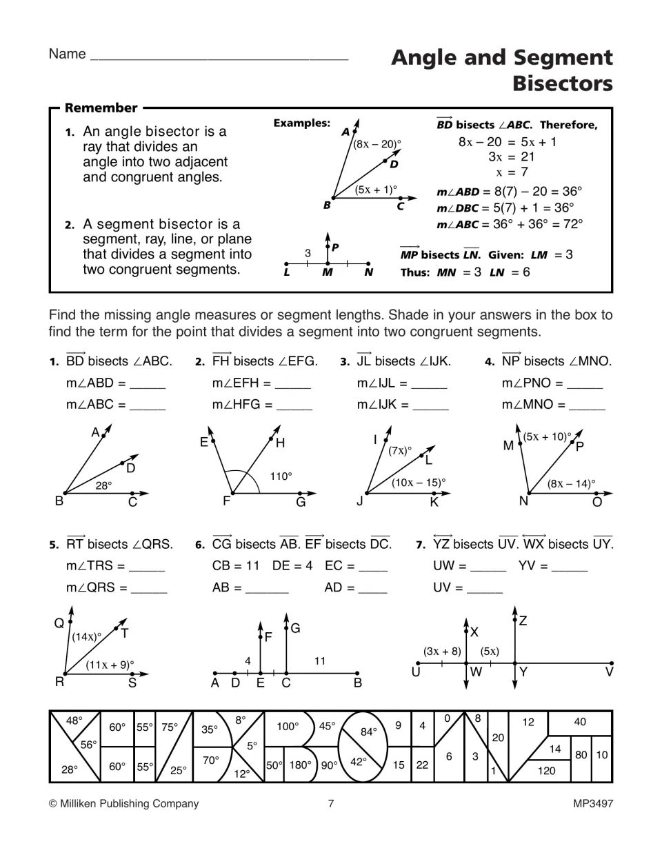 Angle and segment bisectors: students solve 7 bisector problems and shade answers to reveal a hidden geometry term
