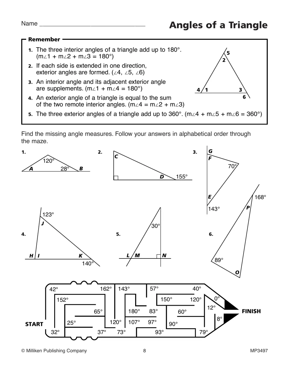 Angles of a triangle: students find interior and exterior angles in 6 triangles, then follow answers through a maze