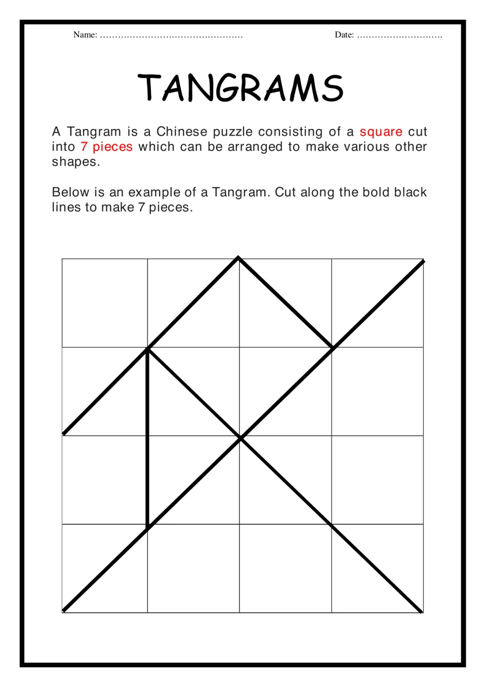 Tangrams intro: defines the Chinese puzzle as a square cut into 7 pieces; students cut along bold lines of a sample