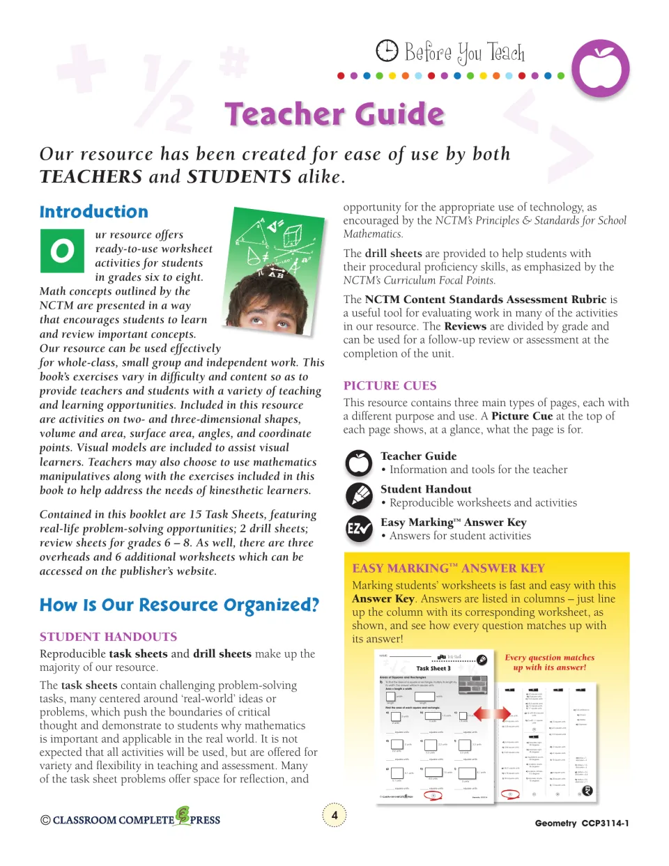 Teacher Guide listing 15 task sheets, 2 drill sheets and review sheets, with picture cues and answer key notes