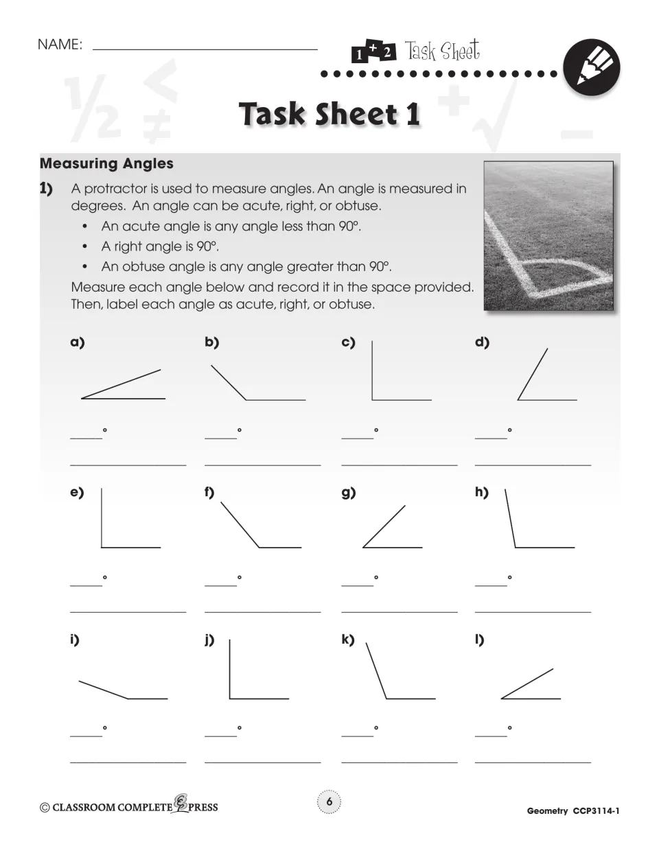 Task Sheet 1, Measuring Angles: measure 12 angles with a protractor and label each acute, right or obtuse