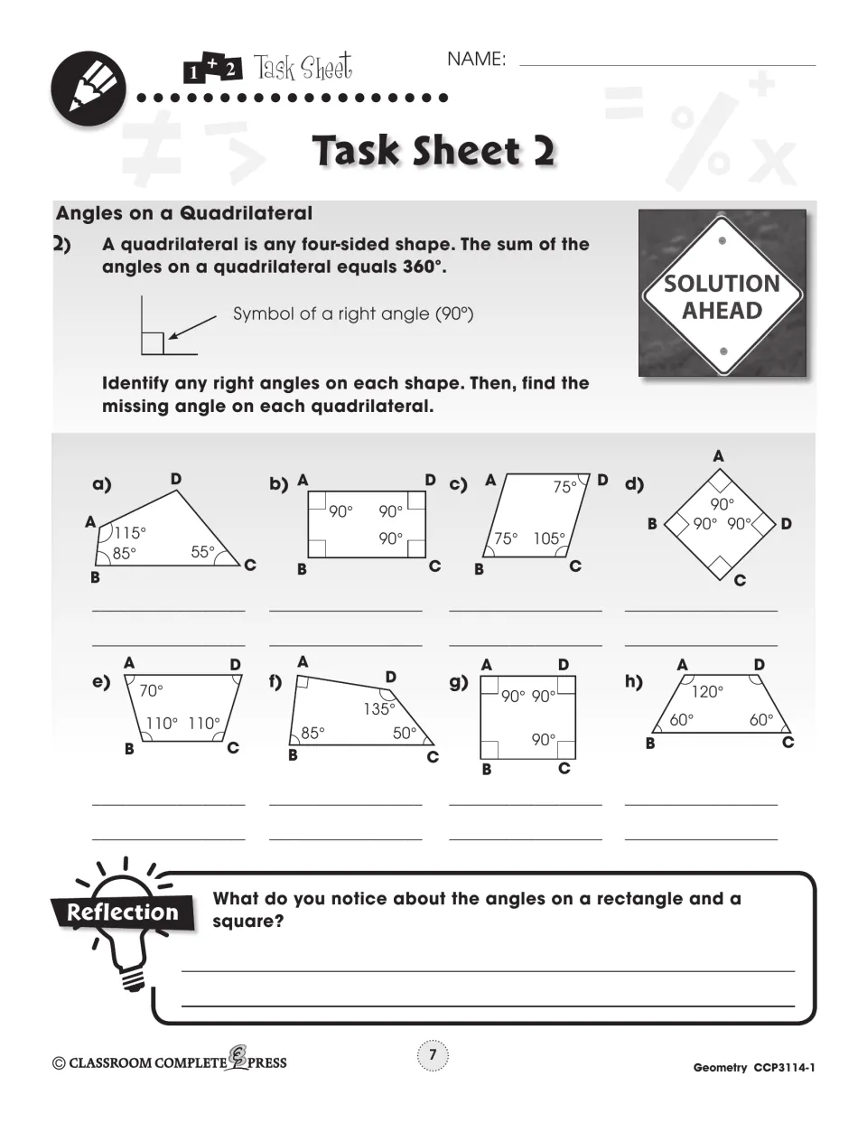 Task Sheet 2, Angles on a Quadrilateral: find the missing angle in 8 shapes, angles summing to 360°