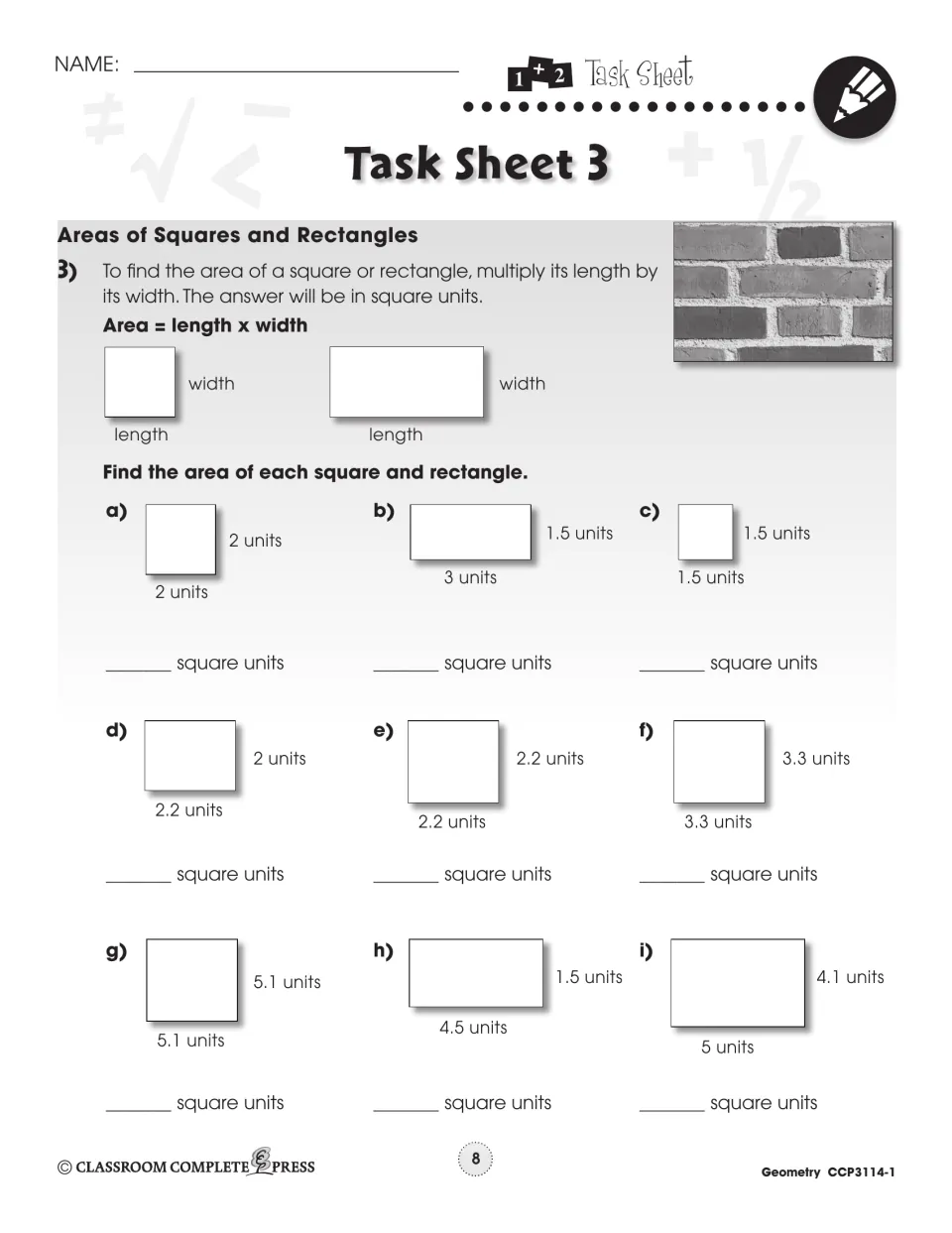 Task Sheet 3, Areas of Squares and Rectangles: Area = length x width for 9 shapes, from 2 by 2 to 5 by 4.1 units