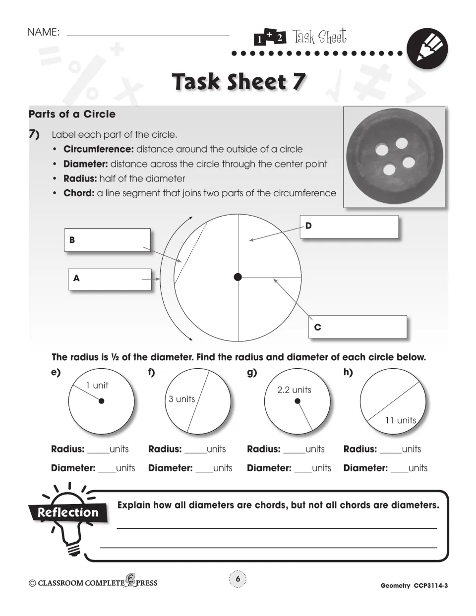Task Sheet 7: label circumference, diameter, radius and chord, then find radius and diameter of 4 circles