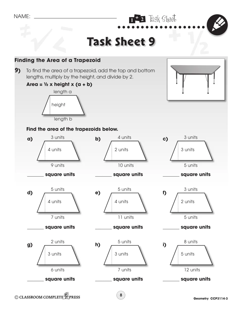 Task Sheet 9, Finding the Area of a Trapezoid: apply Area = ½ × height × (a + b) to 9 trapezoids