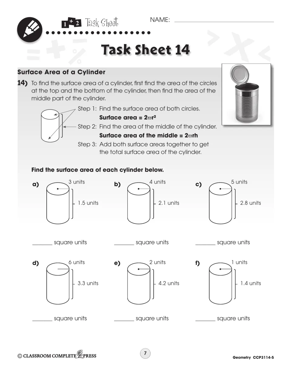 Task Sheet 14, surface area of a cylinder: three-step method with 2πr² and 2πrh, then six cylinders to solve