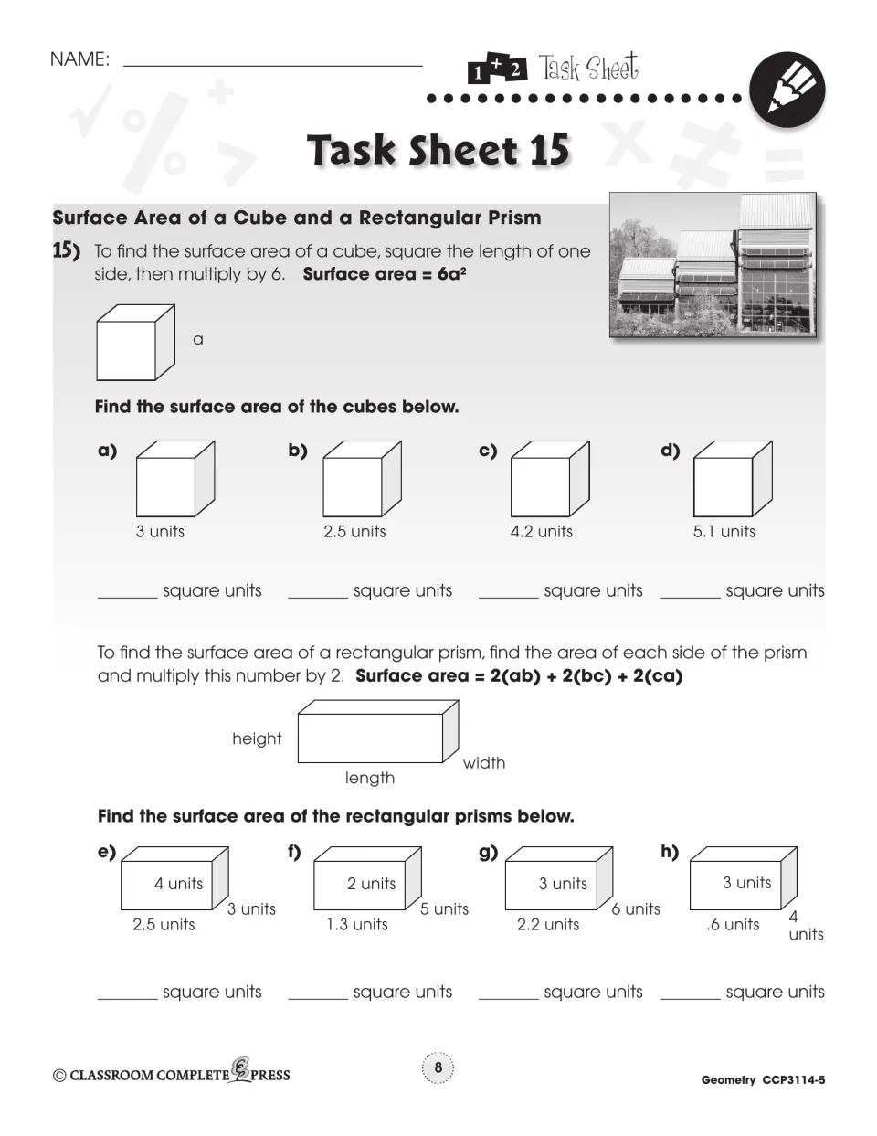 Task Sheet 15: surface area of four cubes using 6a² and four rectangular prisms using 2(ab) + 2(bc) + 2(ca)