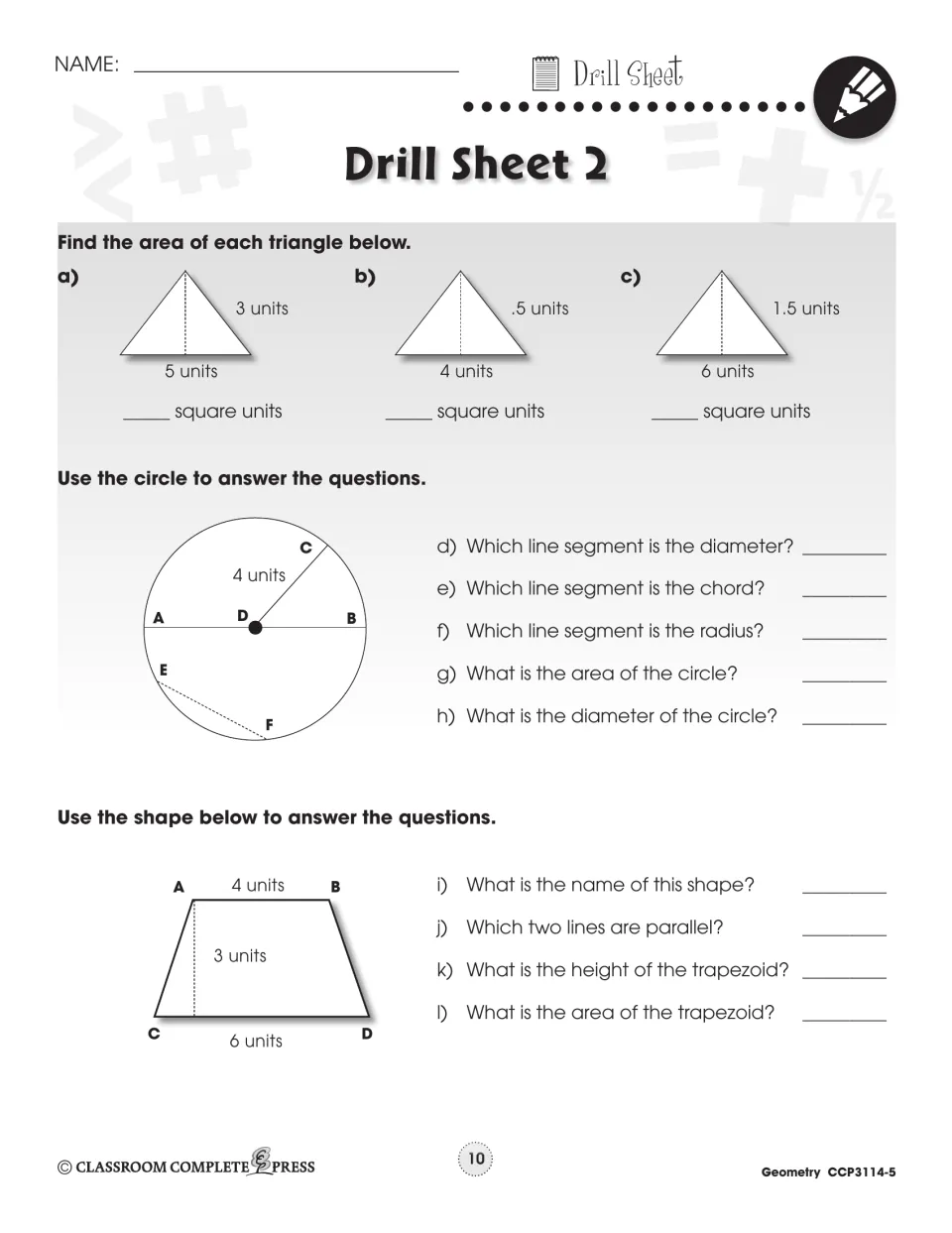 Drill Sheet 2: area of three triangles, circle parts (diameter, chord, radius) and a trapezoid's height and area