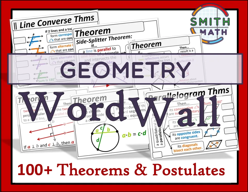 Geometry word wall cover: 100+ theorems and postulates, showing sample Side-Splitter and parallelogram theorem posters