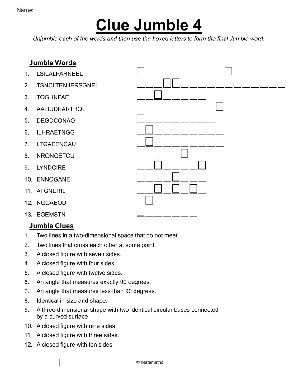Clue Jumble 4: students unscramble 13 geometry terms from clues on polygons, angles and lines, saving boxed letters