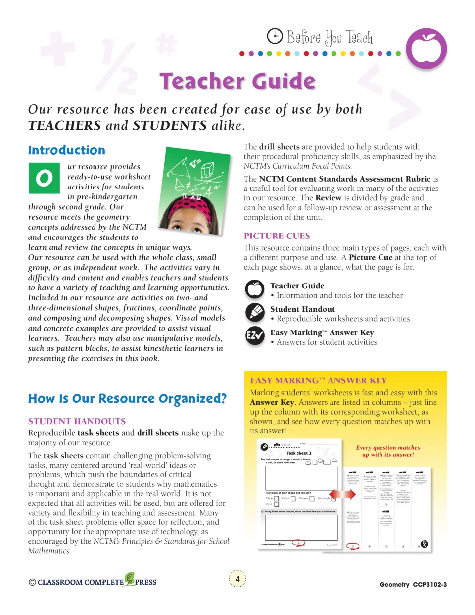 Teacher guide explains geometry task sheets, drill sheets, review activities, picture cues, and the answer key