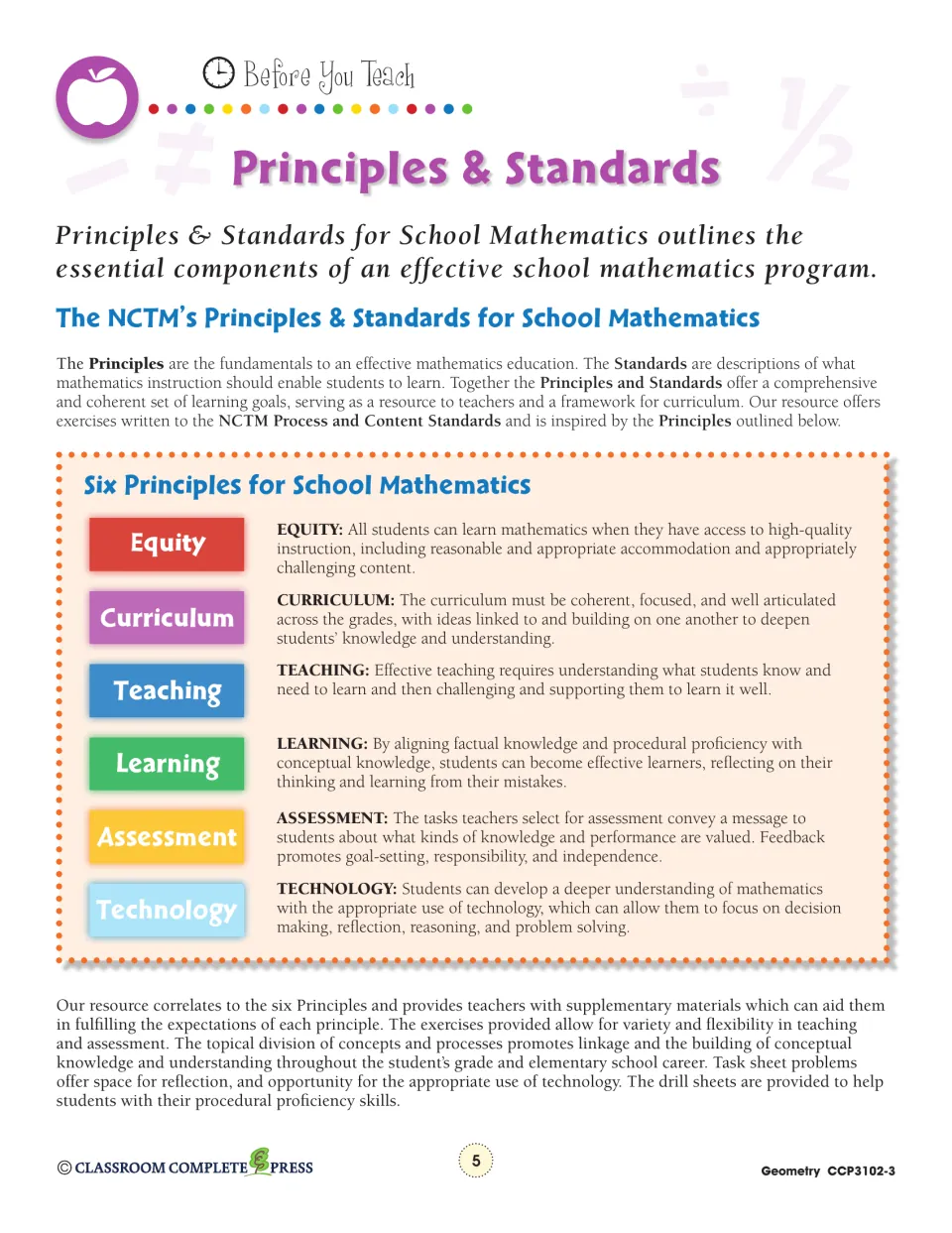 Teacher reference explains six NCTM principles: equity, curriculum, teaching, learning, assessment, and technology