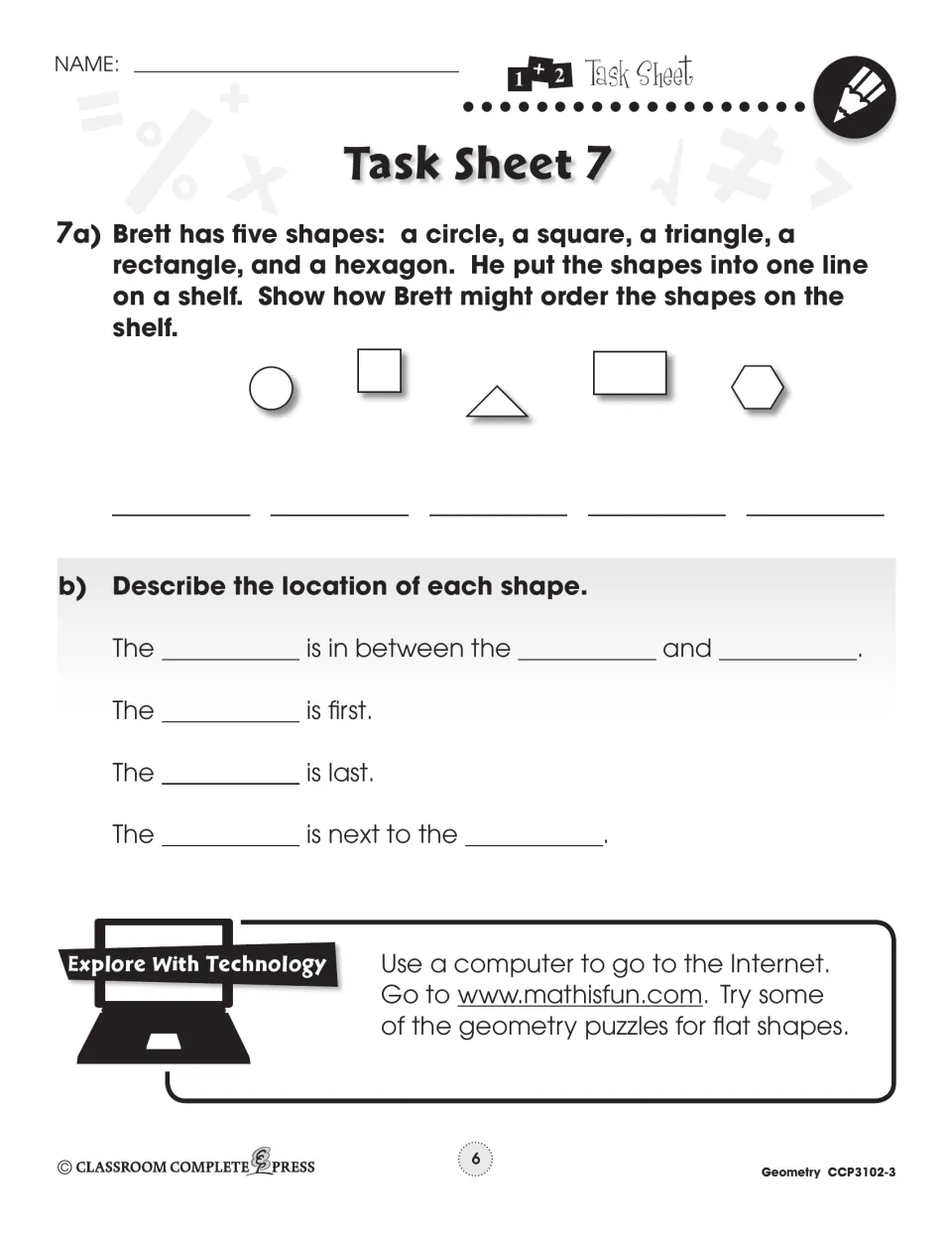 Task Sheet 7 asks students to order five shapes on a shelf and describe positions using first, last, and between