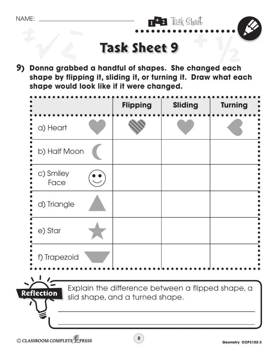 Task Sheet 9 asks students to draw flipped, slid, and turned shapes and explain how the three movements differ